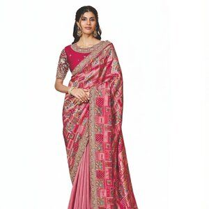 Exquisite Pink Embroidered Silk Saree - Gajji Jaquard & Satin Silk